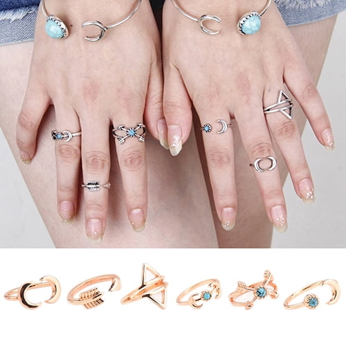 6Pcs/Set Women Lady Romantic Turquoise Moon Arrow Knuc kle Mid Finger Rings